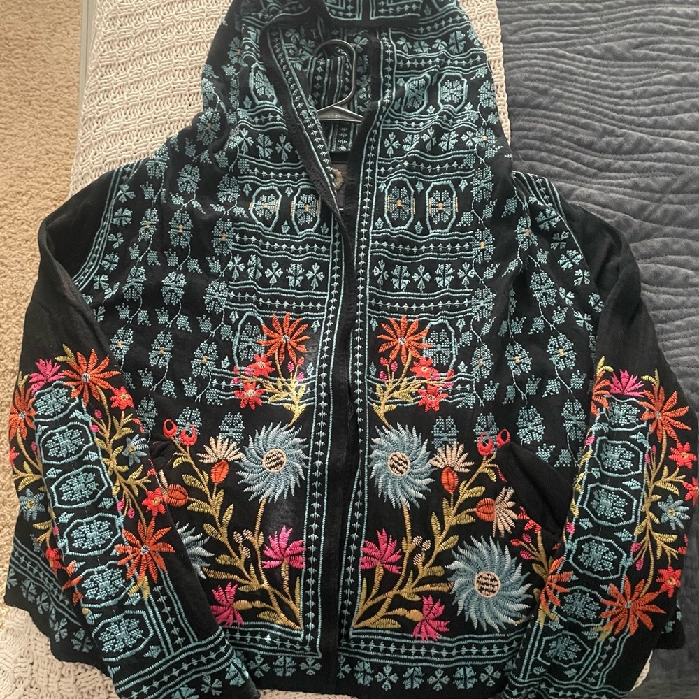Johnny Was Black Bomber Jacket with Multicolor Embroidery